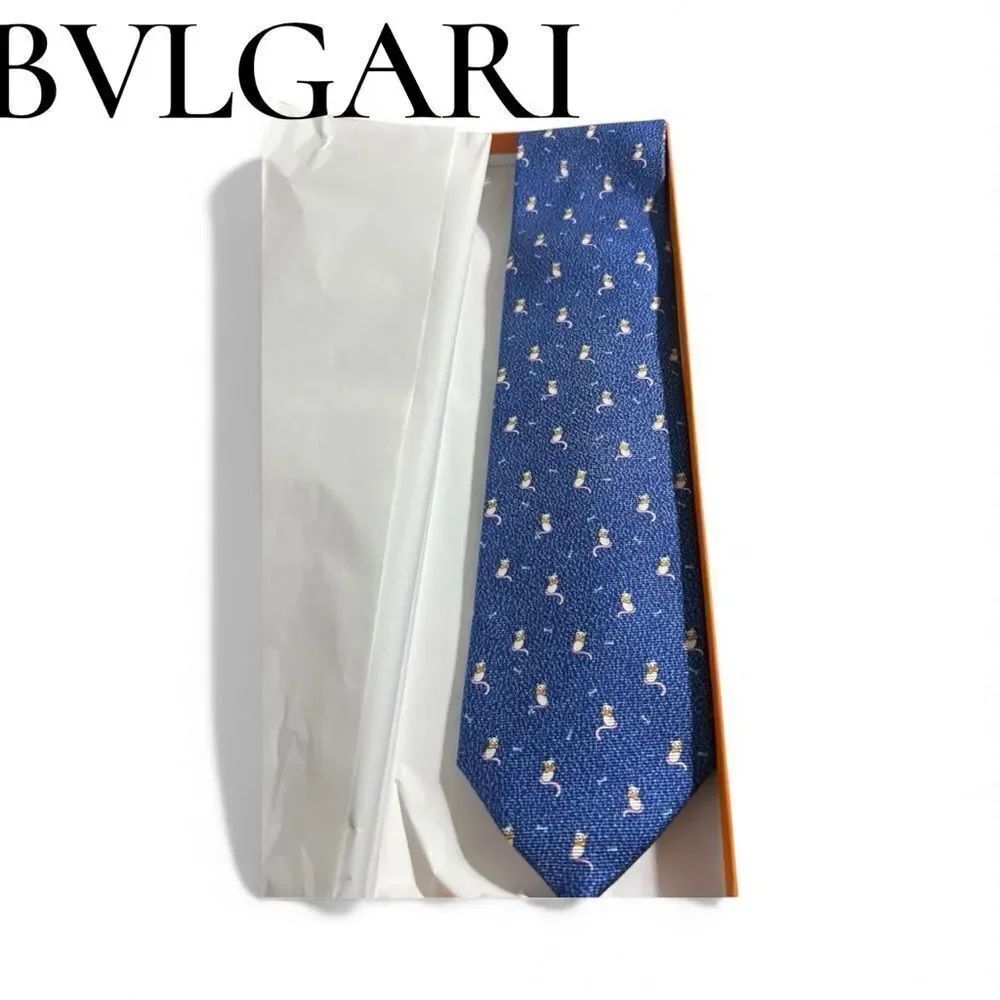 NWOT BVLGARI Blue Cat patterned Seta Silk Tie
